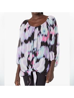 Calvin Klein Puff Sleeve Pastel with Black Blouse Peasant Style with Tie Size 1X